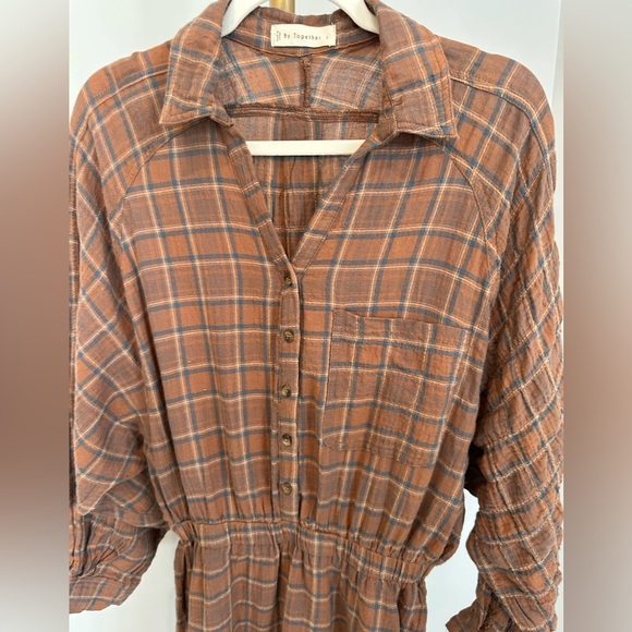 ❤️ By Together Brown Plaid Long Sleeve Dress Large NWOT Flannel - Picture 4 of 6